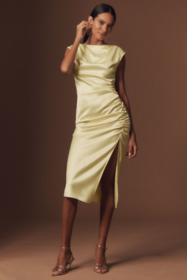 BHLDN FRANCESCA HIGH-NECK STRETCH SATIN MIDI DRESS 