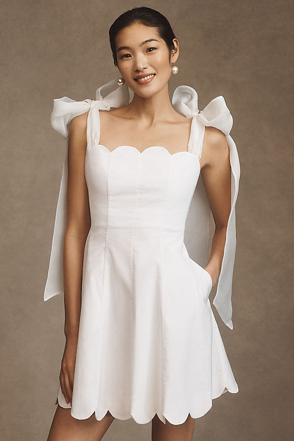 Bhldn Izzy Bow Scallop-trim A-line Mini Dress In White
