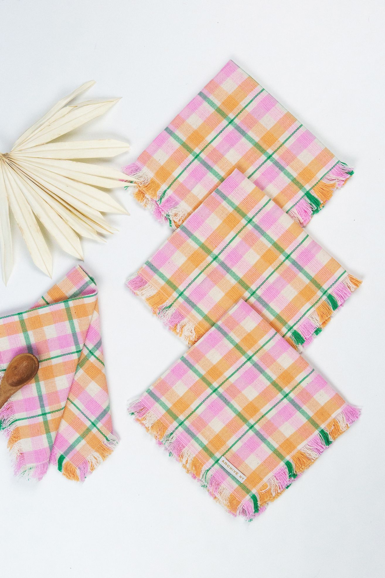 Archive New York Marguerite Party Napkins, Set of 4 - Peach, Pink & Green Plaid, Standard, Set Of 4