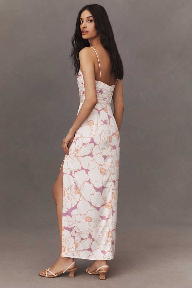 Straight Neck Ruched Satin A-line Maxi Dress With Pockets Slit main image 0