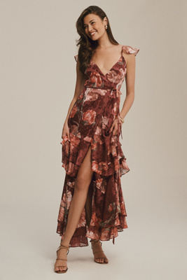Hutch Senna Floral Flutter-Sleeve Tiered Maxi Wrap Dress