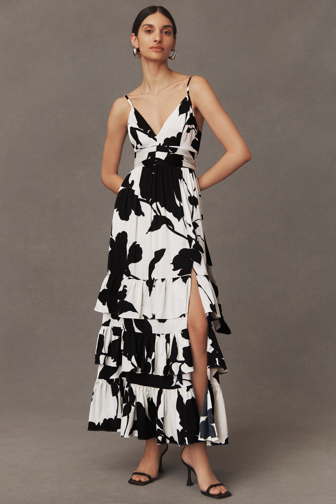 Hutch Guthrie Sleeveless Floral V-Neck Side-Slit Satin Maxi Dress