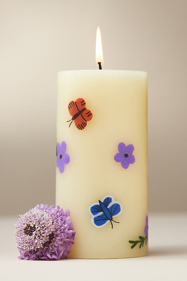 Anthropologie Faye Floral Pillar Candle In White
