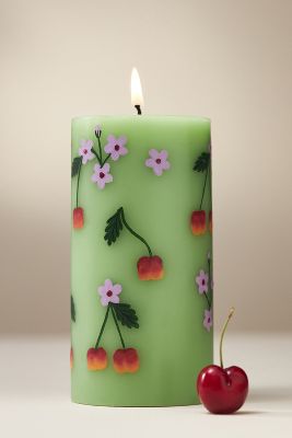 Anthropologie Faye Floral Pillar Candle In Green