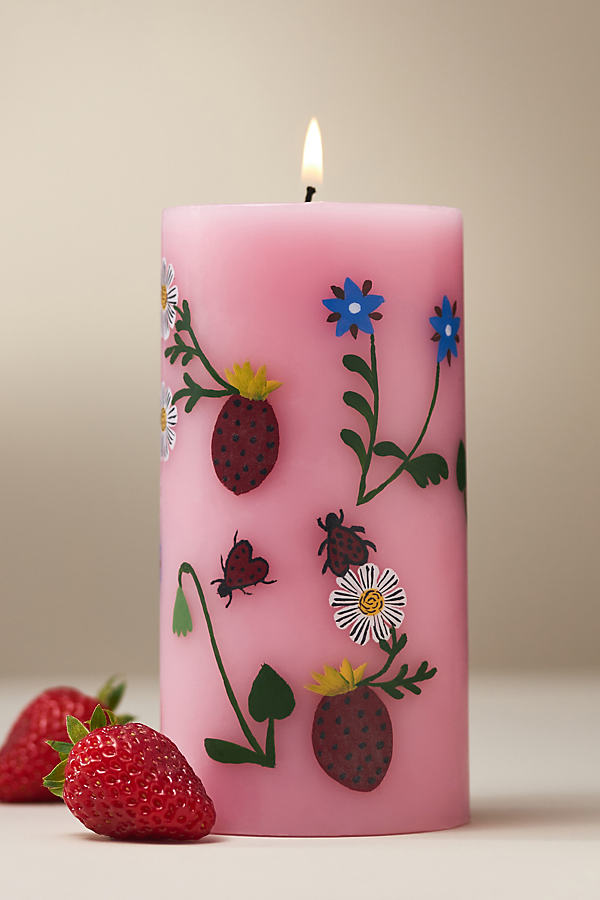 Anthropologie Faye Floral Pillar Candle In Pink