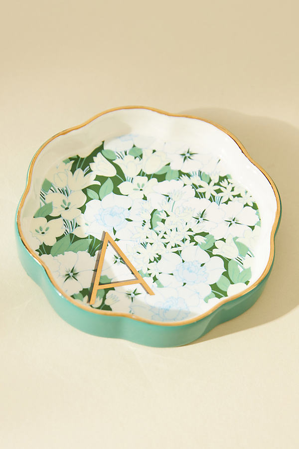 Lyla Floral Monogram Scalloped Ceramic Trinket Dish