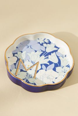 Anthropologie Lyla Floral Monogram Scalloped Ceramic Trinket Dish In Blue