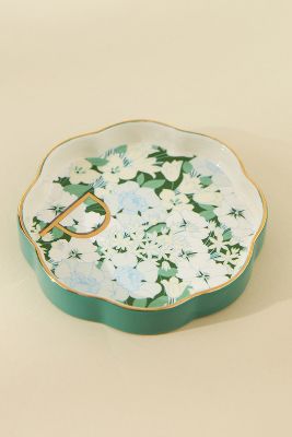 Anthropologie Lyla Floral Monogram Scalloped Ceramic Trinket Dish In Green
