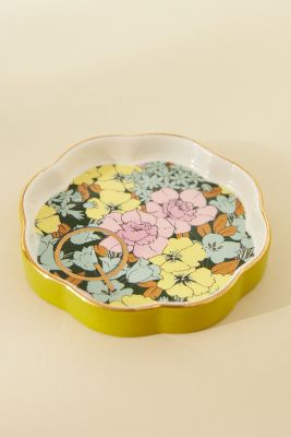 Anthropologie Lyla Floral Monogram Scalloped Ceramic Trinket Dish In Yellow
