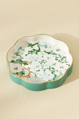 Anthropologie Lyla Floral Monogram Scalloped Ceramic Trinket Dish In Green