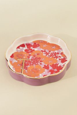 Anthropologie Lyla Floral Monogram Scalloped Ceramic Trinket Dish In Pink