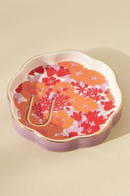 Anthropologie Lyla Floral Monogram Scalloped Ceramic Trinket Dish In Orange