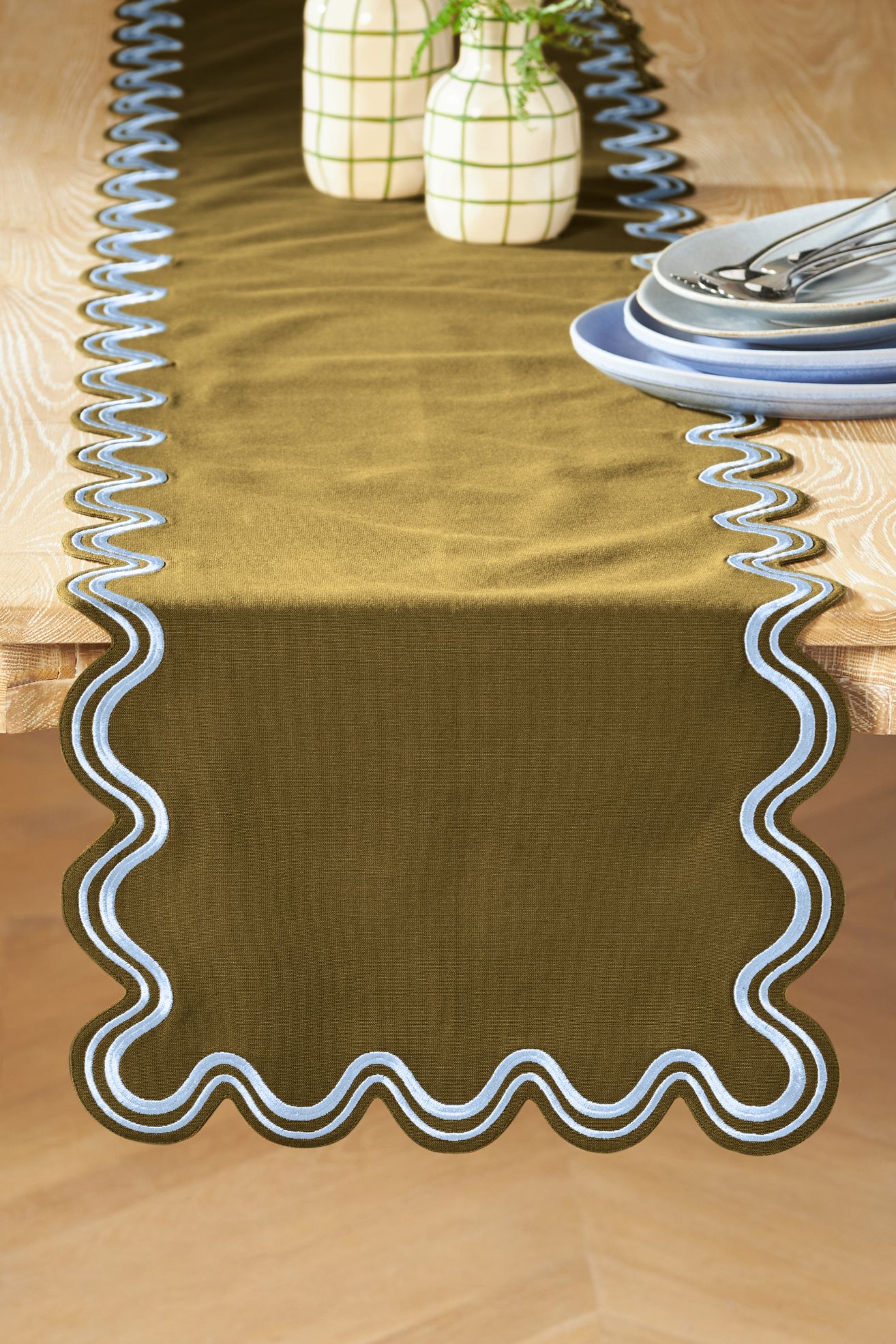 Madeline Embroidered Table Runner - OLIVE, Standard, One Size