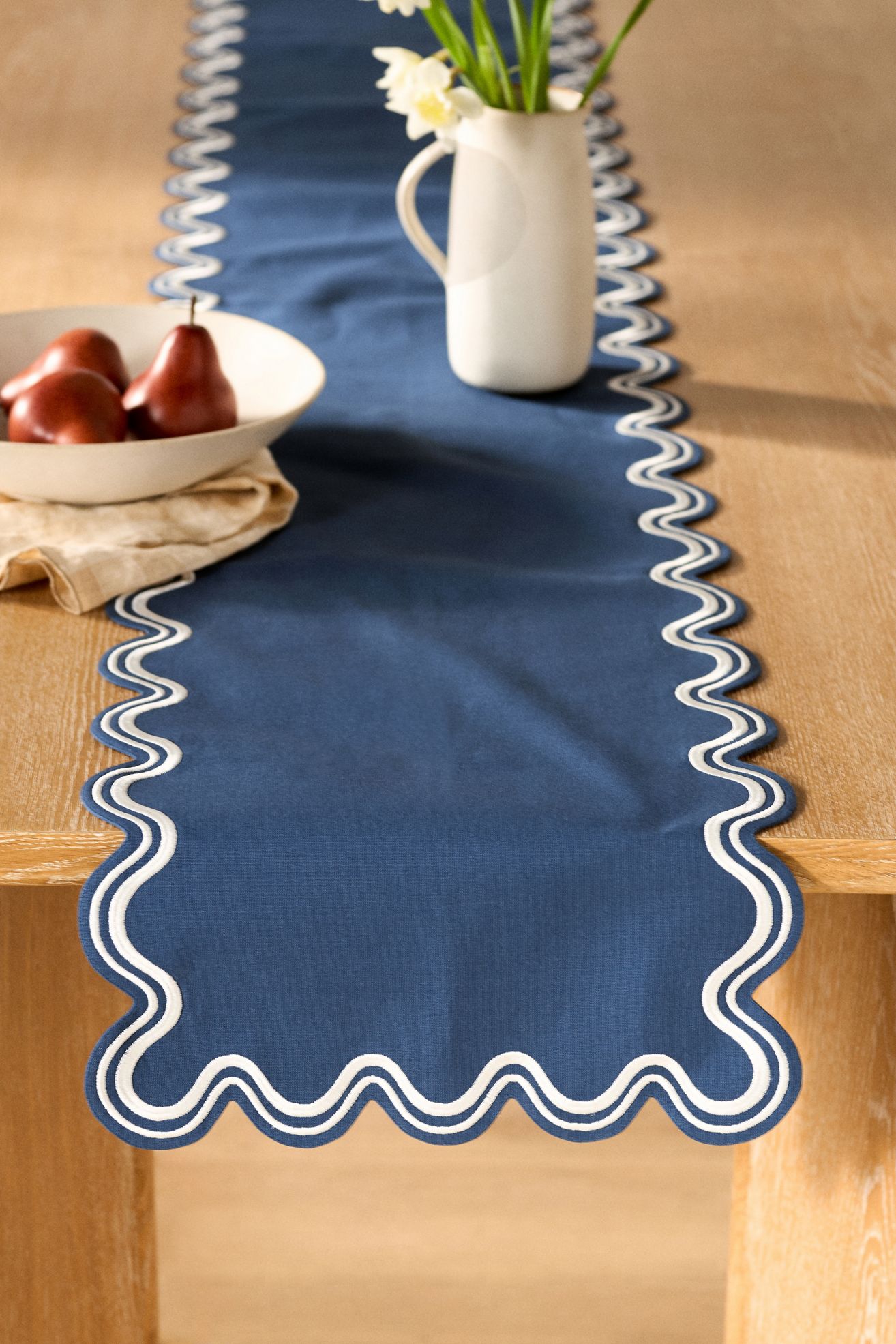 Madeline Embroidered Table Runner - NAVY & WHITE, One Size