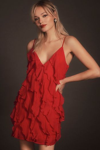 BHLDN Jia Bias-Cut Ruffled V-Neck Mini Dress