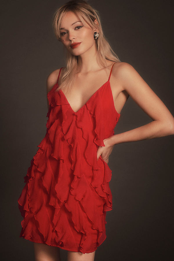 Bhldn Jia Bias-cut Ruffled V-neck Mini Dress In Red