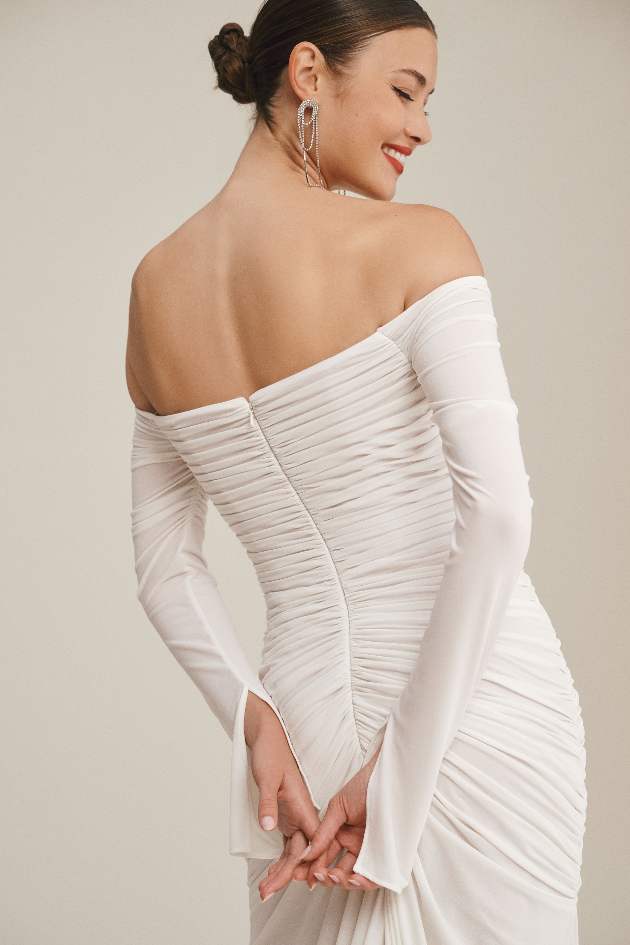 Theia Egret Off-The Shoulder Long-Sleeve Ruched Side-Slit Gown