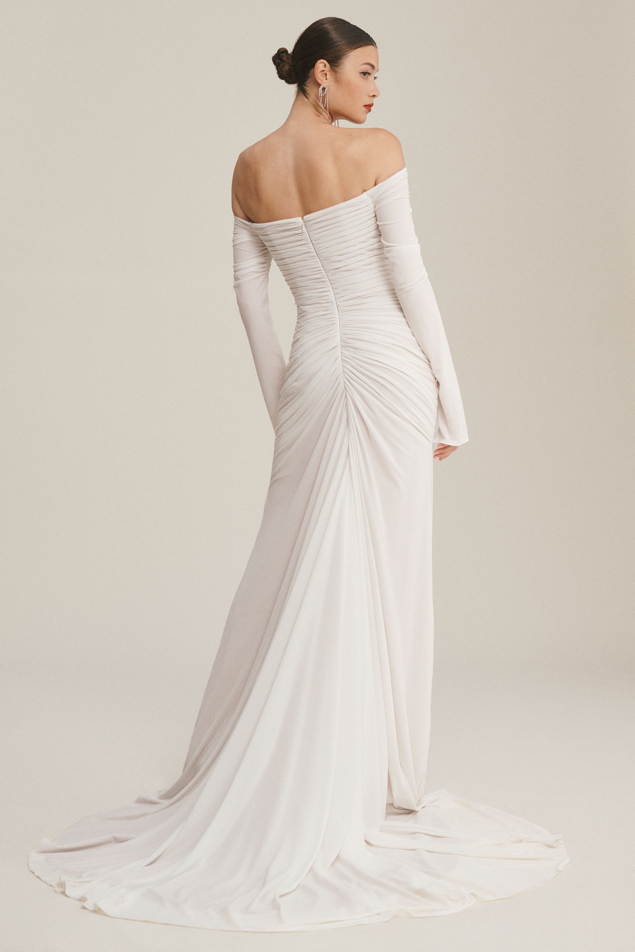 Theia Egret Off-The Shoulder Long-Sleeve Ruched Side-Slit Gown