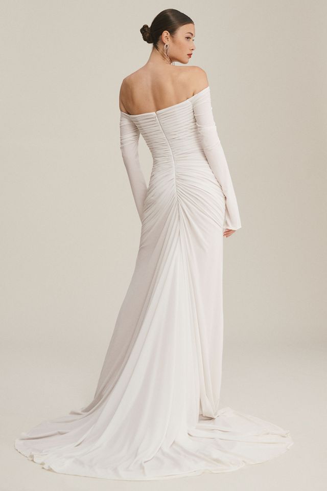 Theia Egret Off-The Shoulder Long-Sleeve Ruched Side-Slit Gown #2