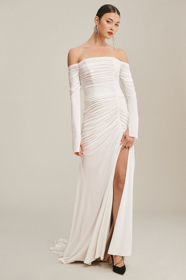 Theia Egret Off-The Shoulder Long-Sleeve Ruched Side-Slit Gown #4