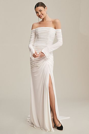 Theia Egret Off-The Shoulder Long-Sleeve Ruched Side-Slit Gown