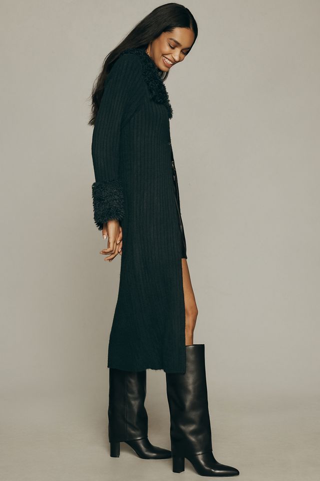 Flat White Faux Fur-Trim Long Cardigan Sweater | Anthropologie