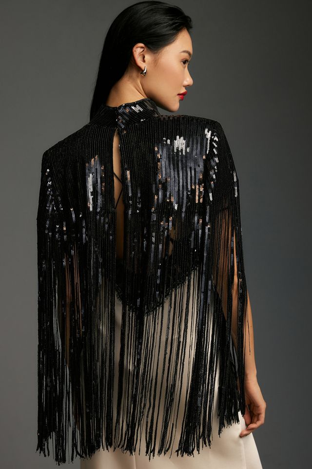 Flat White Sequin Fringe Cape #1