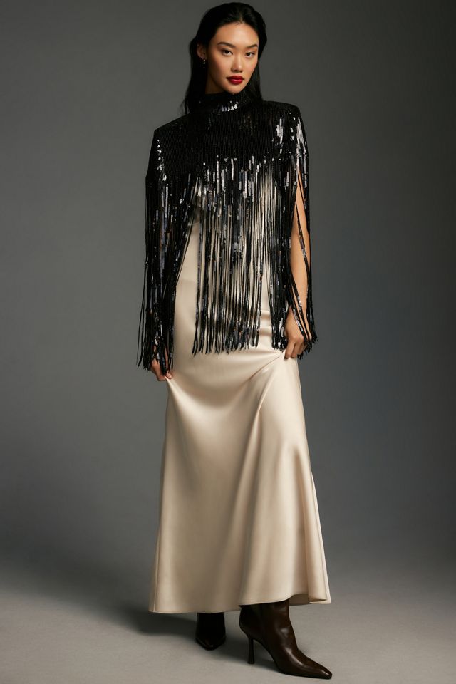 Flat White Sequin Fringe Cape #2