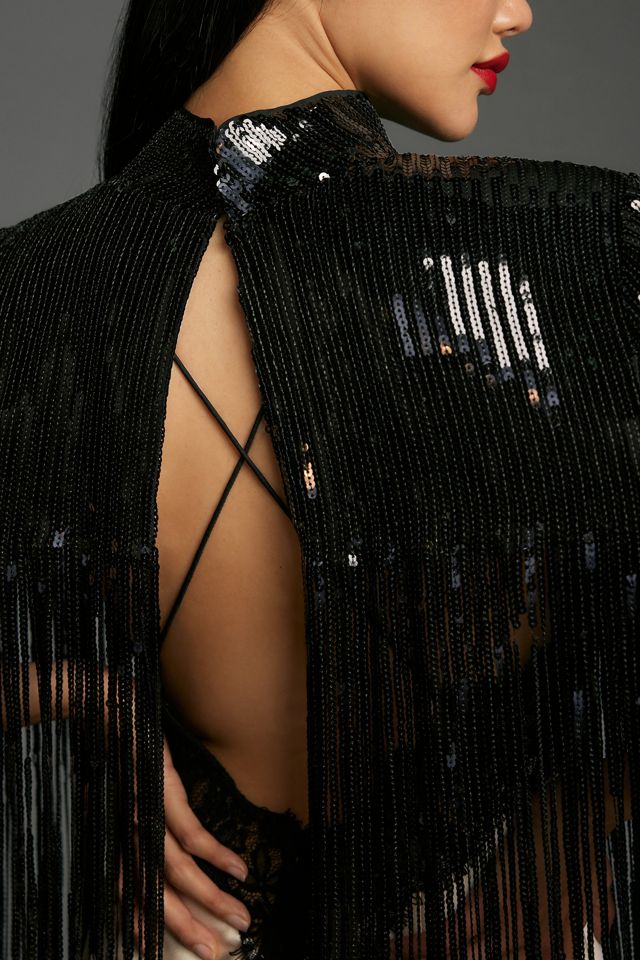 Flat White Sequin Fringe Cape #3
