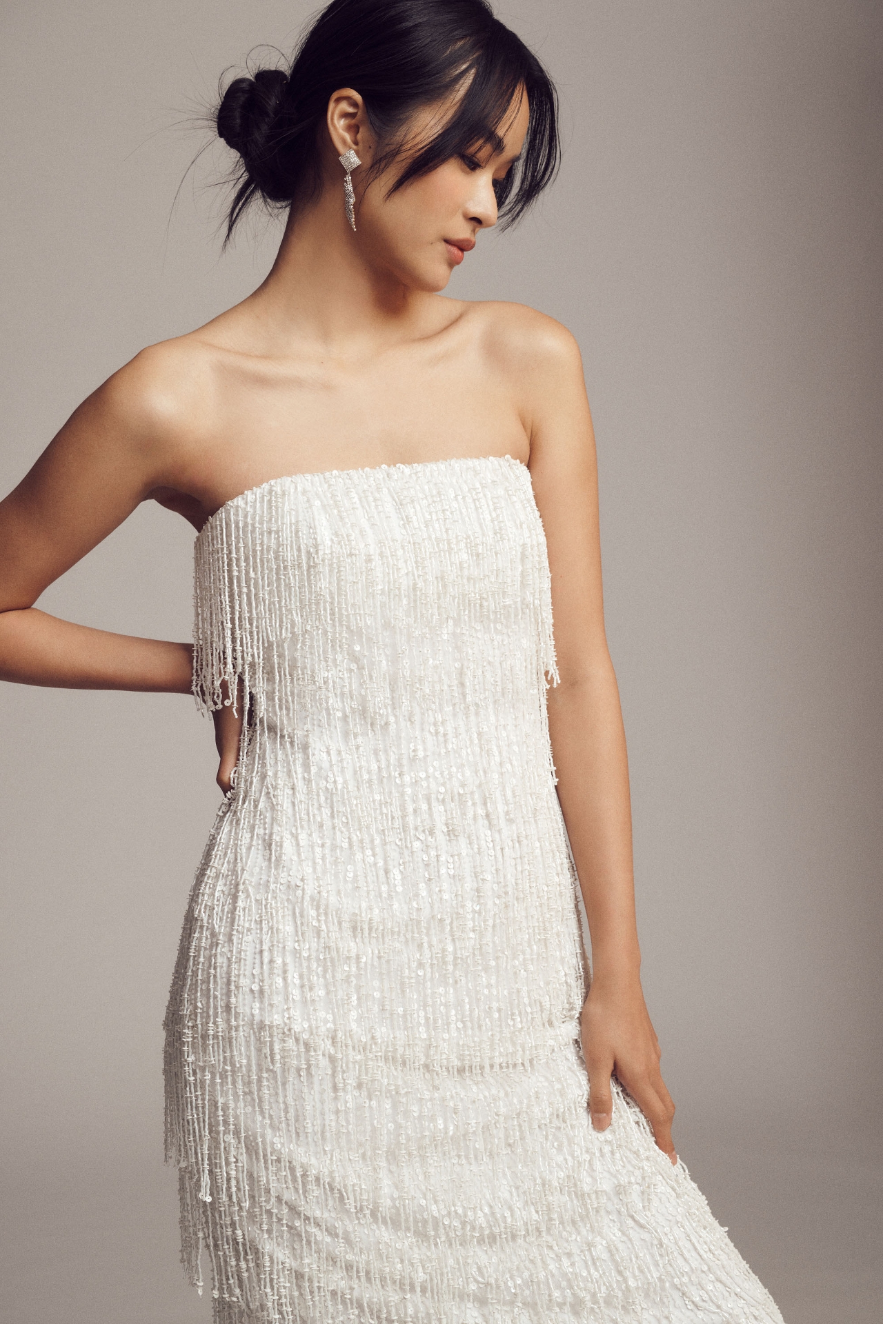 BHLDN Arabella Strapless Sequin Fringe Midi Dress