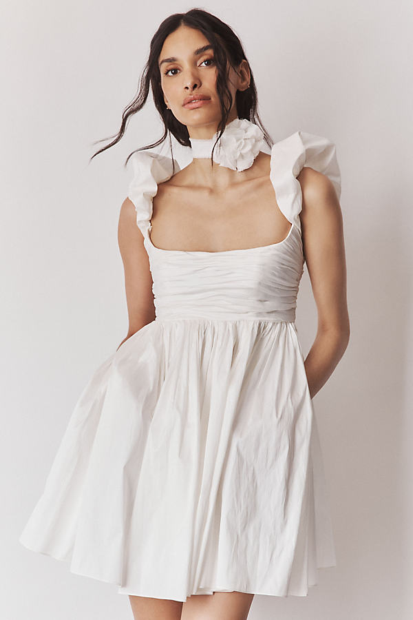 Watters Pavlova Square-neck Taffeta Mini Dress In White