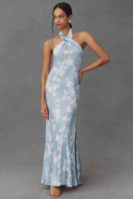 Shop Bhldn Ruby Twist Halter Satin Gown In Blue