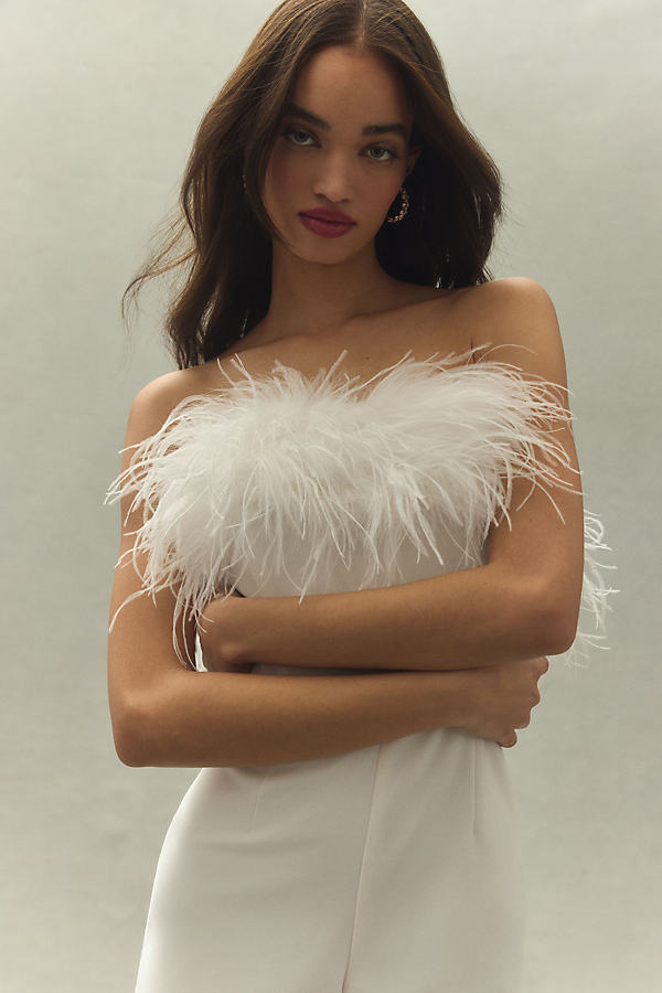 Hutch Strapless Faux Feather Jumpsuit In White