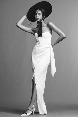 V. Chapman June Corset Front-slit Gown In White