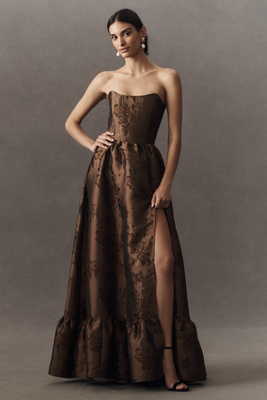 V. Chapman Charlotte Strapless Corset Side-slit Dress In Brown
