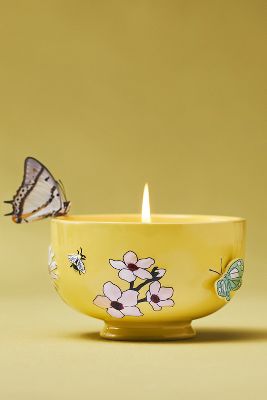 Anthropologie Faye Floral Jasmine Blossom Ceramic Candle In Yellow