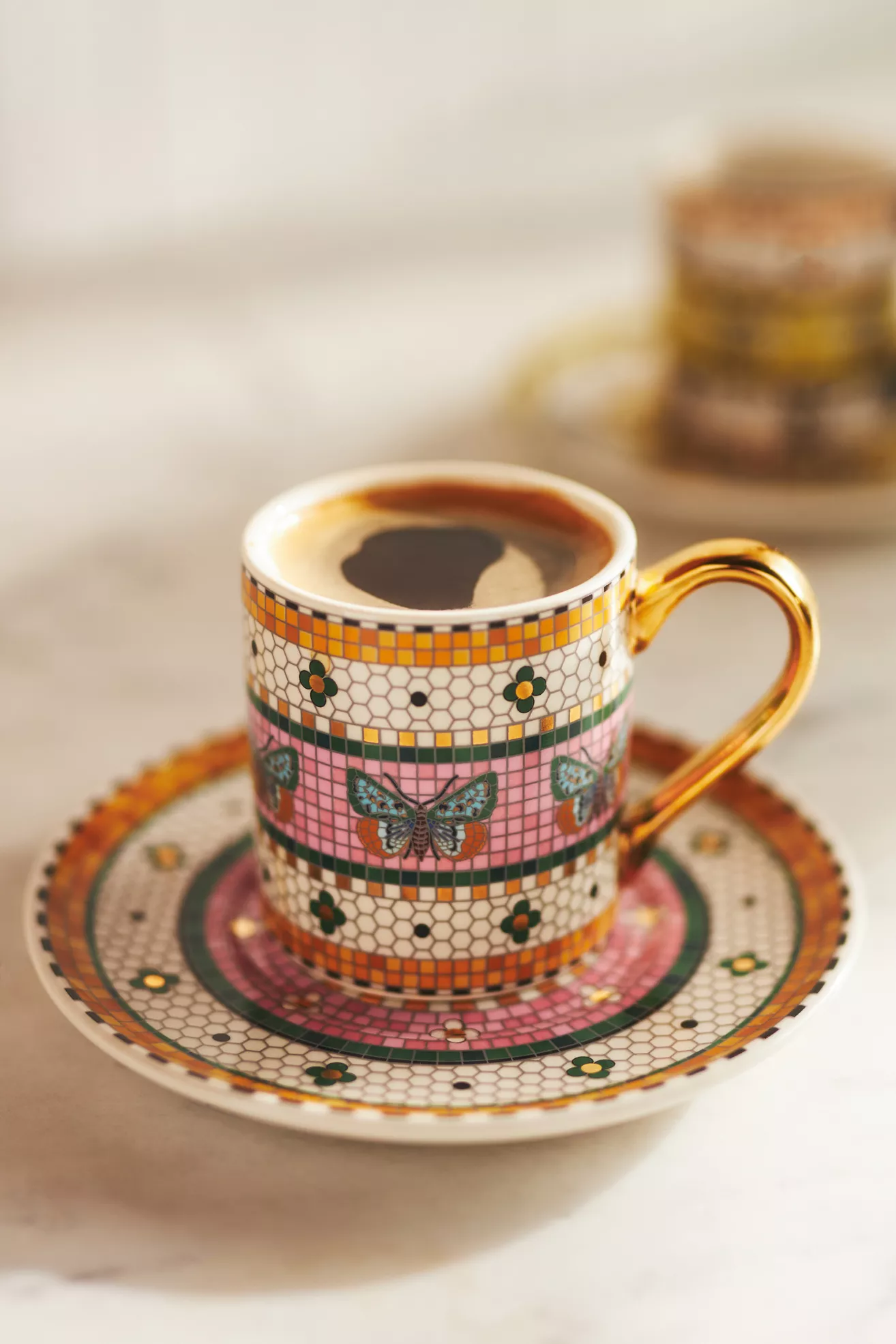 Bistro Tile Stoneware 24k Gold Accent Garden Espresso Cup & Saucer
