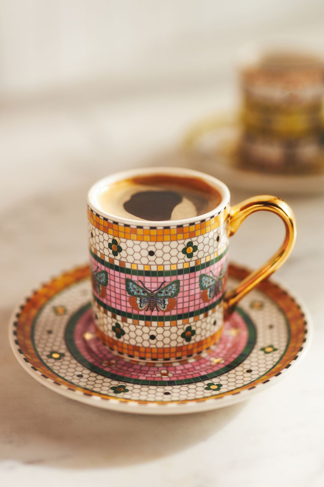 The Bistro Tile Stoneware Espresso Cup & Saucer: Garden Edition - Butterfly, Standard, One Size