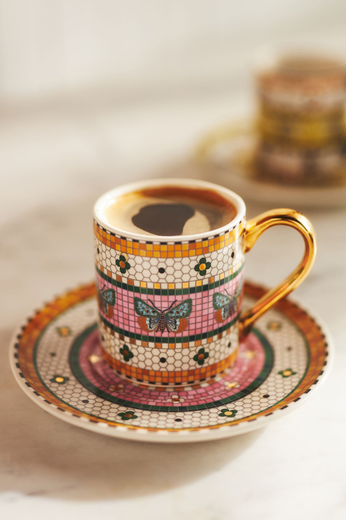 The Bistro Tile Stoneware Espresso Cup & Saucer: Garden Edition - Butterfly, Standard, One Size