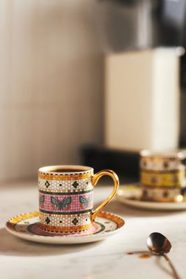 Bistro Tile Stoneware 24k Gold Accent Garden Espresso Cup & Saucer