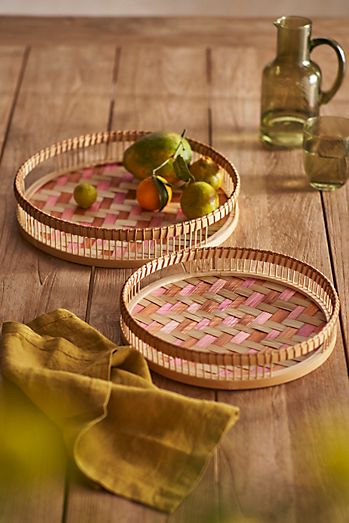 Pink Woven Bamboo Trays, Set of 2