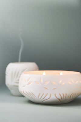 Lucille Woody Violet Cypress Carved Glass Candle