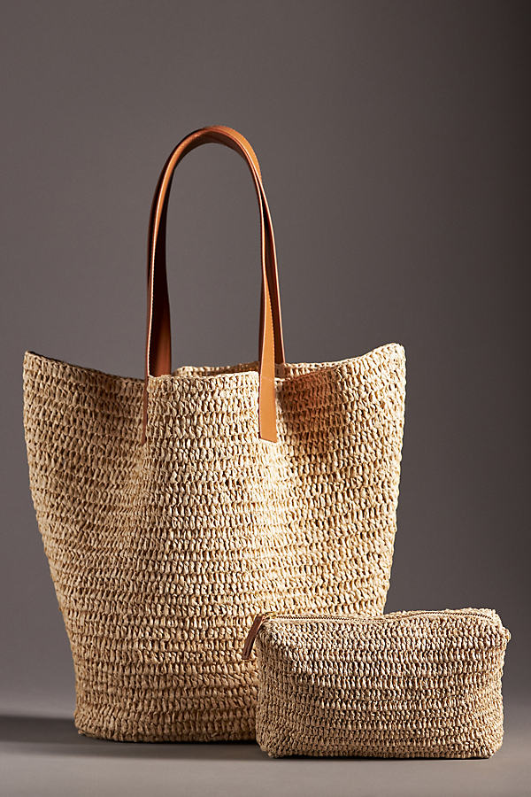 By Anthropologie Leather Handle Raffia Tote Bag