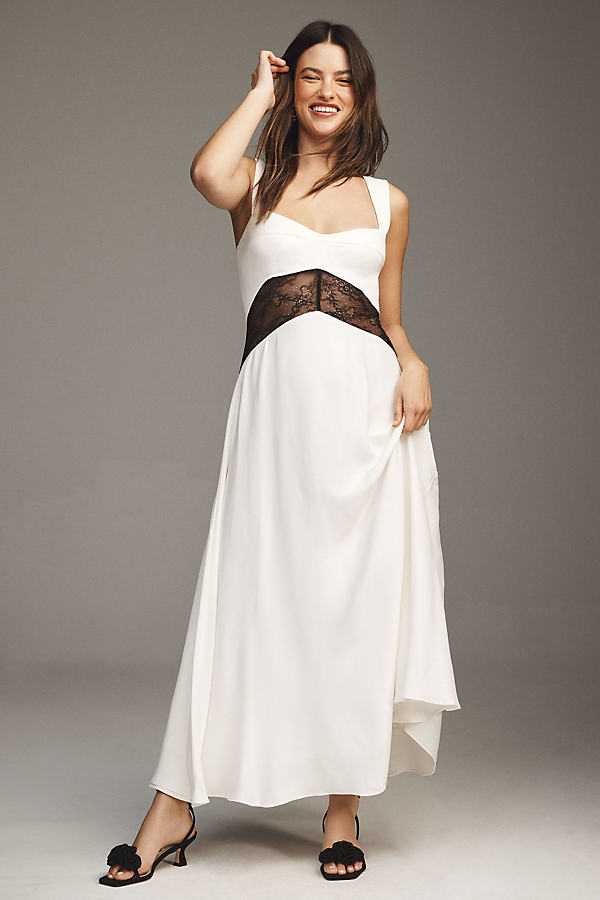 Bhldn Sweetheart Silky Satin Lace Cutout A-line Gown In White