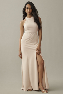 BHLDN JULIANA HIGH-NECK SIDE-SLIT STRETCH CREPE MAXI DRESS 