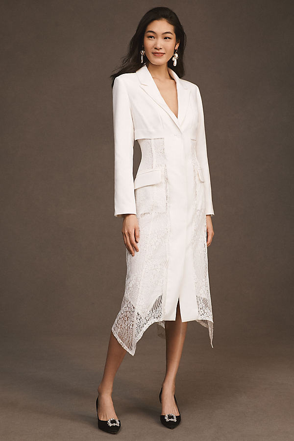 Bhldn Riley Long-sleeve Lace Midi Blazer Dress Jacket In White