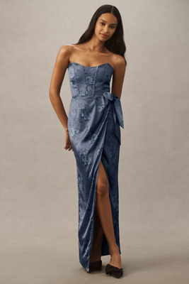 V. Chapman June Printed Corset Front-slit Satin Gown In Blue