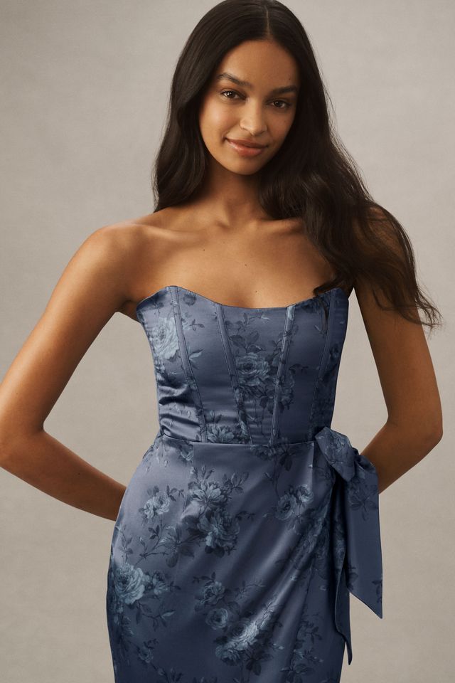 V. Chapman June Printed Corset Front-Slit Satin Gown #3
