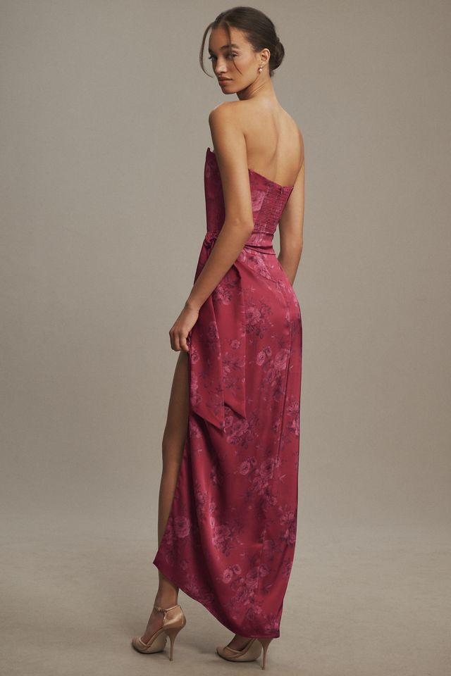 V. Chapman June Printed Corset Front-Slit Satin Gown #1