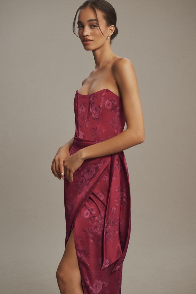 V. Chapman June Printed Corset Front-Slit Satin Gown #2